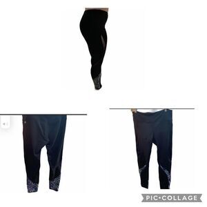 Fabletics Black Athletic Leggings‎ Sheer Panels Green Purple Trim in Medium